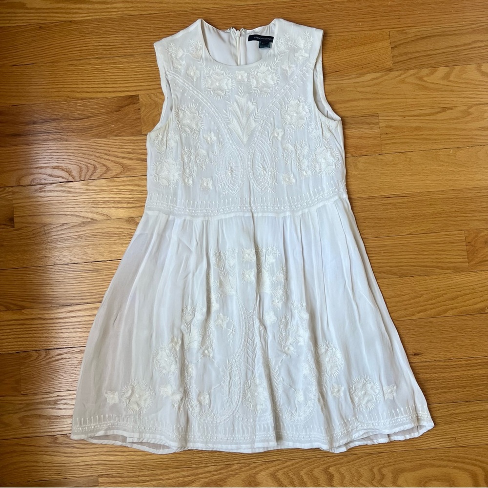 French Connection White Graduation Dress Embroidered Chiffon Cottage Bridal Sz S